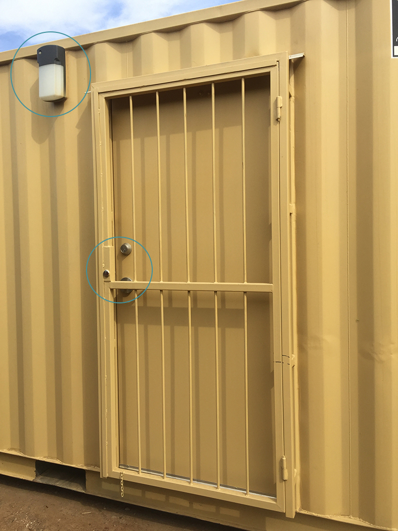 Outside of 20Ft & 40Ft Office Trailers , Showing Safety Light & Lock